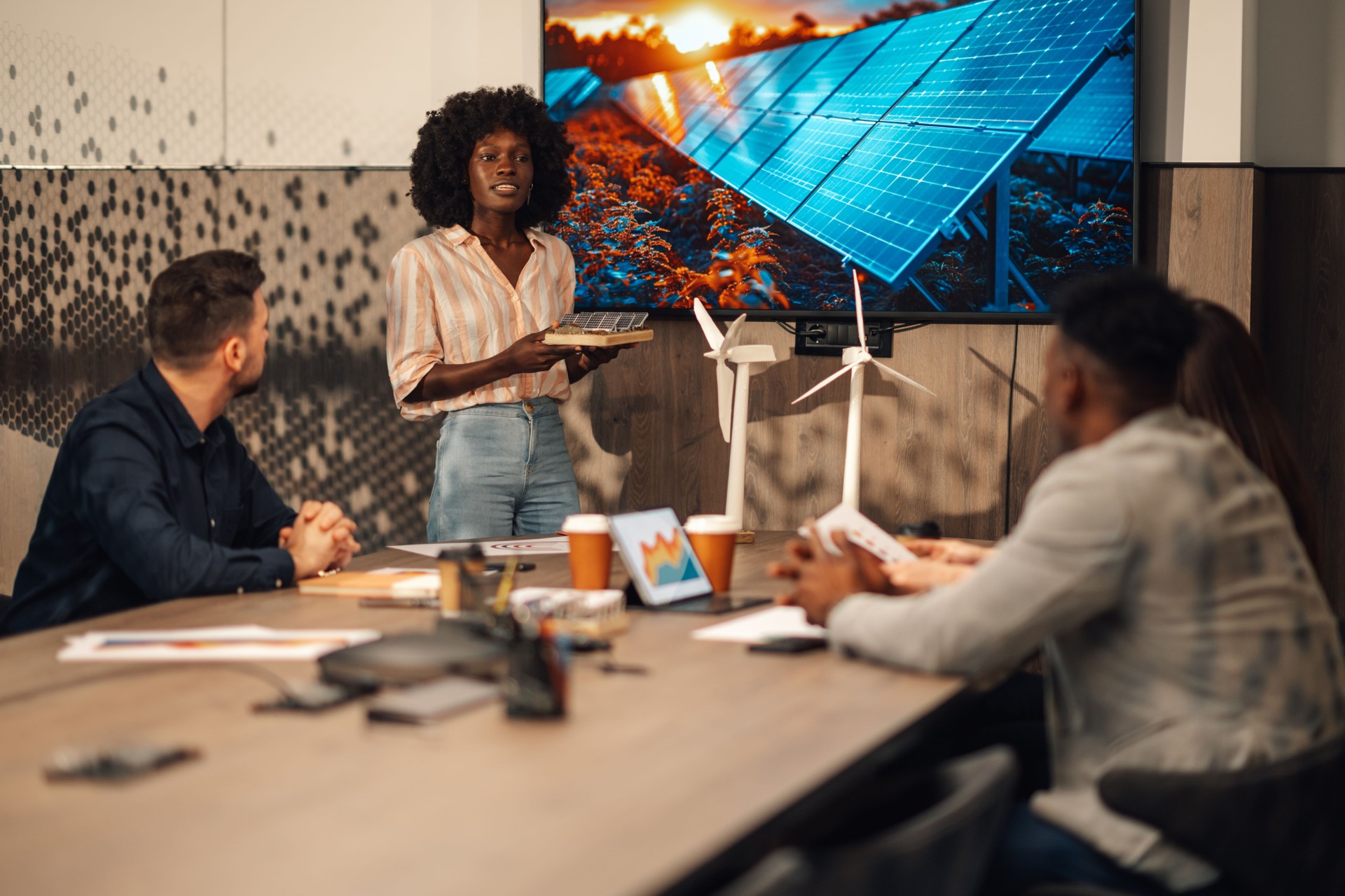 Interracial engineer with solar panels having seminar with experts.