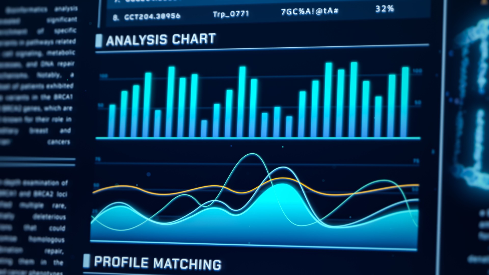 Closeup blue biotechnology analysis graph, health data visualization infographic interface, digital healthcare report dashboard design, 3D medical science technology lab screen